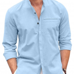 Men's Linen Shirts Casual Button Down Long Sleeve Shirt Solid Spread Collar Summer Beach Shirts with Pocket