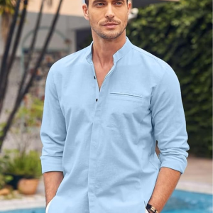 Men's Linen Shirts Casual Button Down Long Sleeve Shirt Solid Spread Collar Summer Beach Shirts with Pocket
